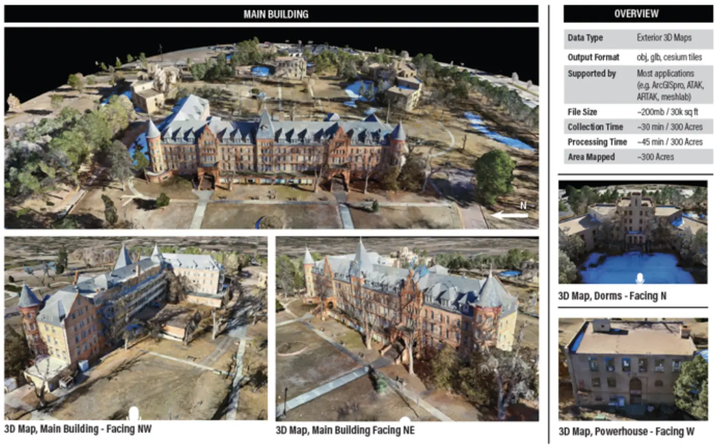 Map Maker 3D reconstruction — building exterior with data panel
