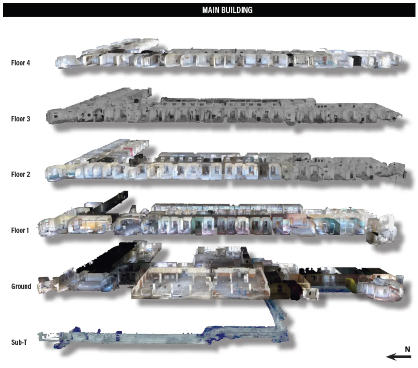 Interior LiDAR scan — layered floor plan breakdown